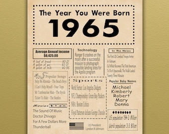 1965 PRINTABLE Birthday Poster | Back in 1965 | Birthday Gift | Digital Poster   | The Year You Were Born (Download only)