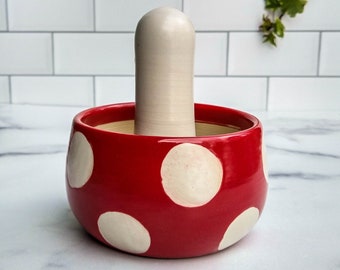 Mortar and Pestle - Mushroom Themed Glaze with Red and White Spots - Handmade Stoneware Ceramic, Dishwasher Safe Stoneware