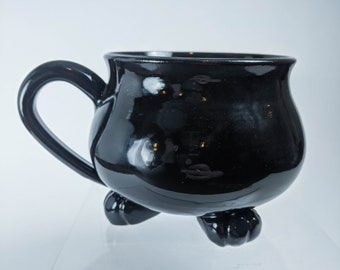 Cauldron Mug - Glossy Black  - Handmade Ceramic Pottery - Witch's Cauldron with Paw Feet