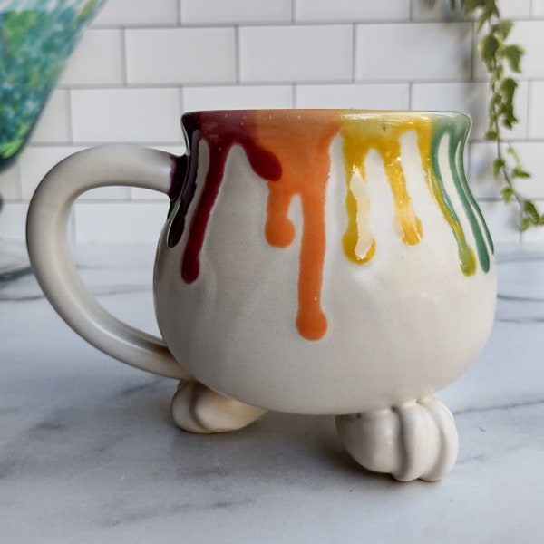 Cauldron Mug - Rainbow Drip on Satin Matte White Glaze - Handmade Ceramic Pottery - Witch's Cauldron with Paw Feet