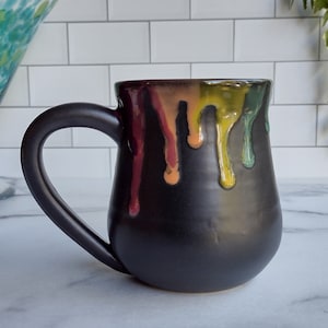 Black Rainbow Mug, Color Drips on Black Satin Glaze, Handmade Stoneware Pottery, Coffee or Tea Drinkware, Kitchenware