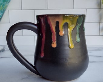 Black Rainbow Mug, Color Drips on Black Satin Glaze, Handmade Stoneware Pottery, Coffee or Tea Drinkware, Kitchenware
