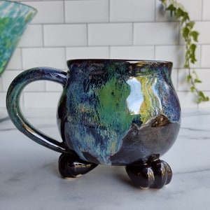 Cauldron Mug - Galaxy Glaze Blue Green Nebulas with Microcrystal Glitter - Handmade Ceramic Pottery