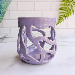 Handmade Stoneware Luminary: Geometric Lavender Glaze Candle Holder