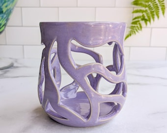 Handmade Stoneware Luminary: Geometric Lavender Glaze Candle Holder
