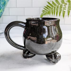 Cauldron Mug - Gold Dust Black Glitter Glaze - Microcrystal Sparkle - Handmade Ceramic Pottery - Witch's Cauldron with Paw Feet