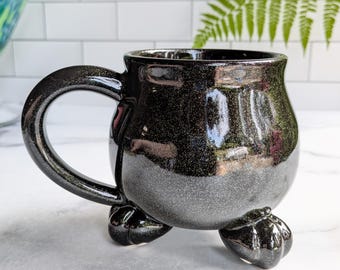 Cauldron Mug - Gold Dust Black Glitter Glaze - Microcrystal Sparkle - Handmade Ceramic Pottery - Witch's Cauldron with Paw Feet
