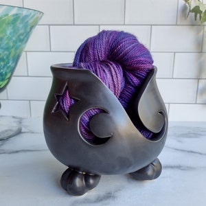 Witch's Cauldron Yarn Bowl with Moon & Star - Black Satin Matte Glaze - Handmade Pottery for Knitting, Crochet
