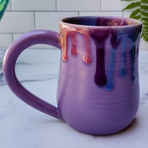 Rainbow Drips on Lavender Satin Glaze Tulip Mug, Handmade Pottery, Coffee or Tea Drinkware