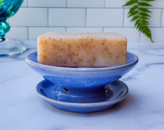 Ceramic Soap Dish With Drain, Sky Blue Glaze, Handmade Stoneware