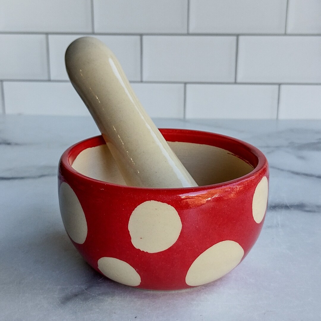 Mortar and Pestle Red Mushroom White Spots Handmade Stoneware Ceramic