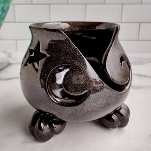 Witch's Cauldron Yarn Bowl with Moon & Star - Gold Dust Black Glittery Glaze - Handmade Pottery for Knitting, Crochet