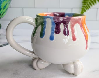 Handmade Cauldron Mug: Rainbow Drip Ceramic Pottery with Paw Feet