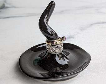 Black Witch Hat Ring Stand, Glossy Glaze Jewelry Holder, Handmade Stoneware Ceramic Pottery