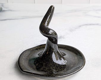 Glitter Black Witch Hat Ring Stand, Jewelry Holder, Handmade Stoneware Ceramic Pottery