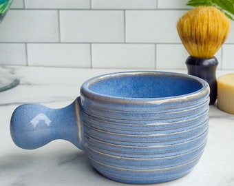 Ceramic Shave Mug, Sky Blue Glaze, Handmade Stoneware Shave Cup, Men's Grooming, Soap + Brush Style Shaving