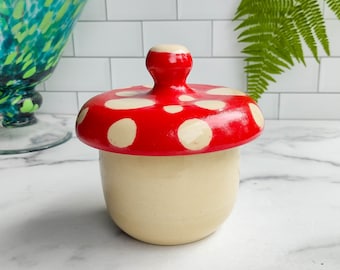 Red Mushroom French Butter Crock, Water Makes Airlock for Freshness Butter Keeper Handthrown Stoneware Pottery