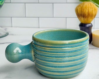 Ceramic Shave Mug, Caribbean Blue Glaze, Handmade Stoneware Shave Cup, Men's Grooming, Soap + Brush Style Shaving