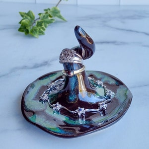 Green Potion Drip Witch Hat Ring Stand, Jewelry Holder, Handmade Stoneware Ceramic Pottery