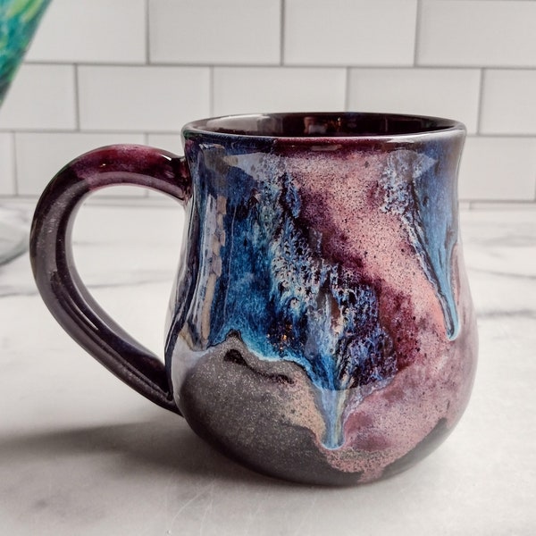 Galaxy Mug, Purple and Blue Nebulas, Handmade Stoneware Ceramic Pottery, Microwave and Dishwasher Safe