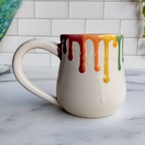 Rainbow Drips on White Satin Glaze Tulip Mug, Handmade Pottery, Coffee or Tea Drinkware, Kitchenware