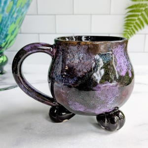 Cauldron Mug - Pastel Galaxy, Purple and Pink Nebulas Glaze - Handmade Ceramic Pottery - Witch&#39;s Cauldron with Paw Feet