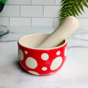 Mortar and Pestle - Red Mushroom White Spots - Handmade Stoneware Ceramic, Dishwasher Safe Stoneware