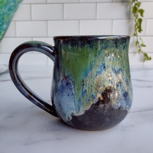 Galaxy Mug, Green and Blue Nebulas, Handmade Stoneware Ceramic Pottery, Microwave and Dishwasher Safe