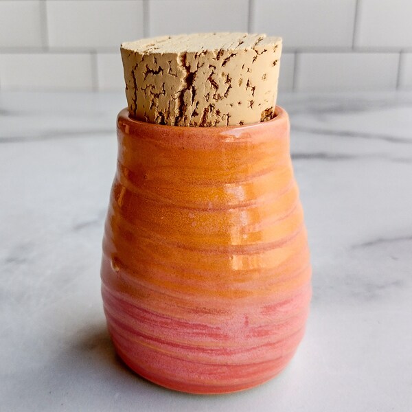 Ceramic Jar with Cork, Pink Coral Glaze Stash Jar, Handmade Stoneware Ceramic, Dishwasher Safe Stoneware