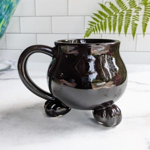 Cauldron Mug - Black Glossy Glaze - Handmade Ceramic Stoneware Pottery - Witch&#39;s Cauldron with Paw Feet