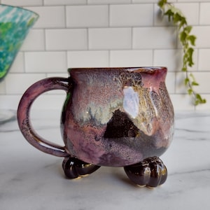 Cauldron Mug - Pink Galaxy Glaze with Microcrystal Glitter - Handmade Ceramic Pottery - Witch's Cauldron with Paw Feet