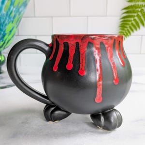 Vampire Cauldron Mug - Blood Red Drip on Matte Black Glaze - Handmade Ceramic Stoneware Pottery