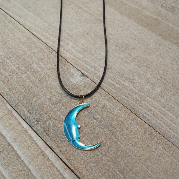 Moon Necklace, Celestial Necklace, Black Cord Necklace, Rainbow Cord Necklace, Blue Moon Necklace