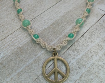 Peace Hemp Necklace, Bronze Peace Sign Necklace, Peace Jewelry, Hippie Necklace