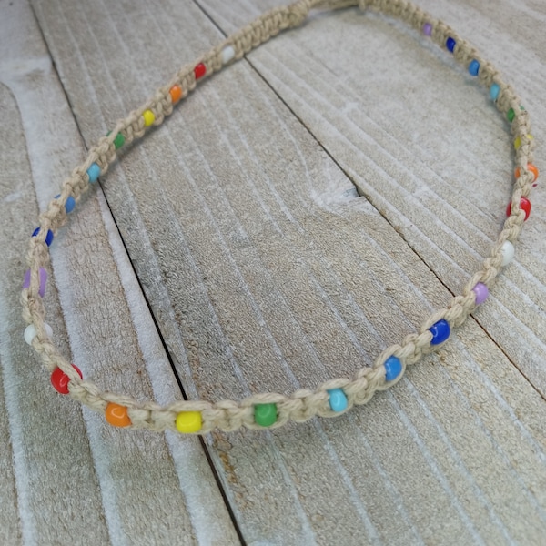 Rainbow Hemp Choker, Beaded Hemp Jewelry, Macrame Choker Necklace, Thin Hemp Woven Necklace, Hippie VSCO choker, Boho Accessory, Beach Vibes