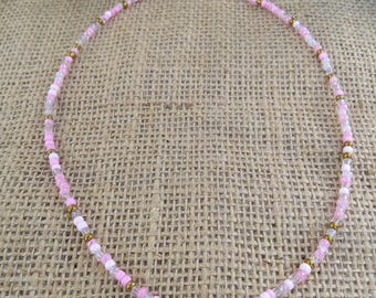Pink Seed Bead Choker Necklace, Gold Accent, Dainty Stacker