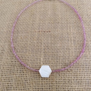 Shell Seed Bead Choker Necklace, Dainty Thin Choker, Pink Stacker Necklace with Mother of Pearl Shell
