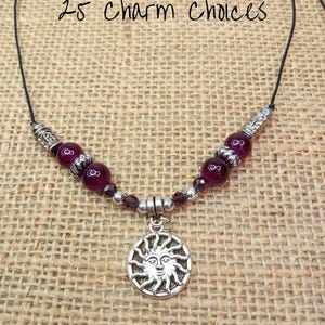 Charm Choker, Boho Beaded Cord Necklace, Adjustable Choker Necklace with Dark Purple Beads + You Choose Charm, Summer Festival Jewelry