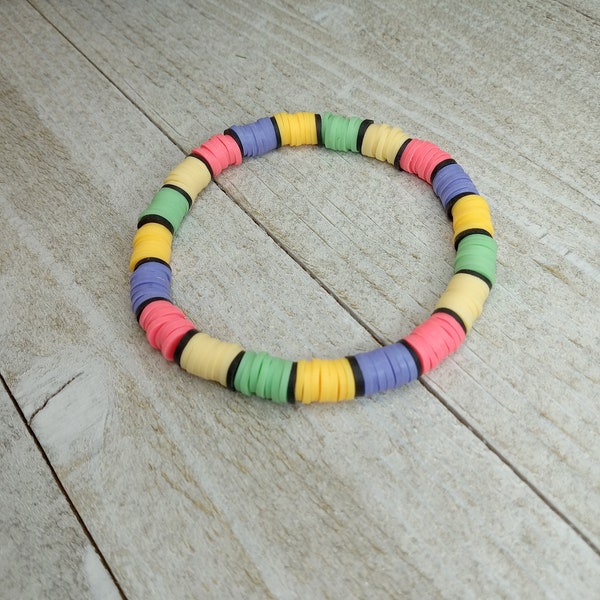 Color Block Clay Bead Bracelet, Clay Heishi Bead Bracelet, Preppy Summer Bracelet, Cute Trendy Jewelry