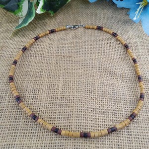 Wood Heishi Bead Necklace, Thin Bead Necklace for Men, Ethnic Tribal Jewelry, Boho Beachy