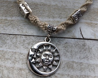 Hemp Necklace, Sun and Moon Necklace, Celestial Jewelry