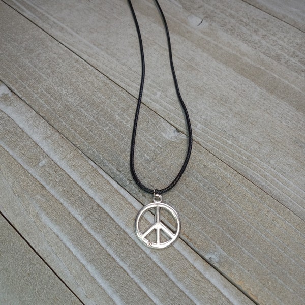 Peace Sign Necklace, Black Cord Necklace, Rainbow Cord Necklace, Hippie Jewelry, Hippie Chic Necklace