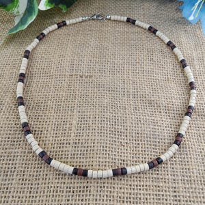 Wood Heishi Bead Necklace, Surf Style Necklace for Men, Ethnic Tribal Jewelry, Boho Beachy