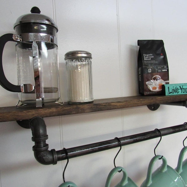 Rustic Industrial Coffee Mug Rack Shelf: Kitchen Coffee Bar