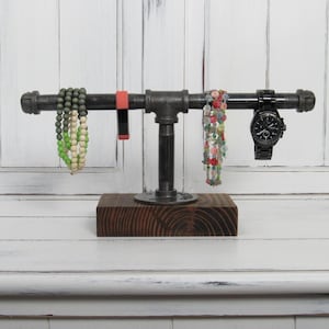 T-Bar Bracelet Stand: Industrial Steel & Wood Jewelry Holder