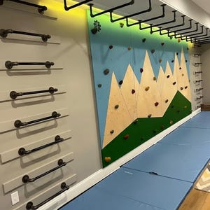 May include: Indoor climbing wall with a blue, green, and wood-toned mountain design. Features black pipe handholds and climbing holds in various colors. Includes a blue safety mat and additional black pipe structures.