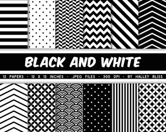 Black and White Digital Paper, Black Digital Pattern Pack, Black Stripe Paper, Black Chevron, Digital Paper Pack, Seamless, Instant Download