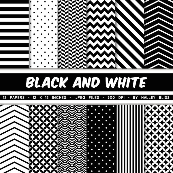 Black and White Digital Paper, Black Digital Pattern Pack, Black Stripe Paper, Black Chevron, Digital Paper Pack, Seamless, Instant Download