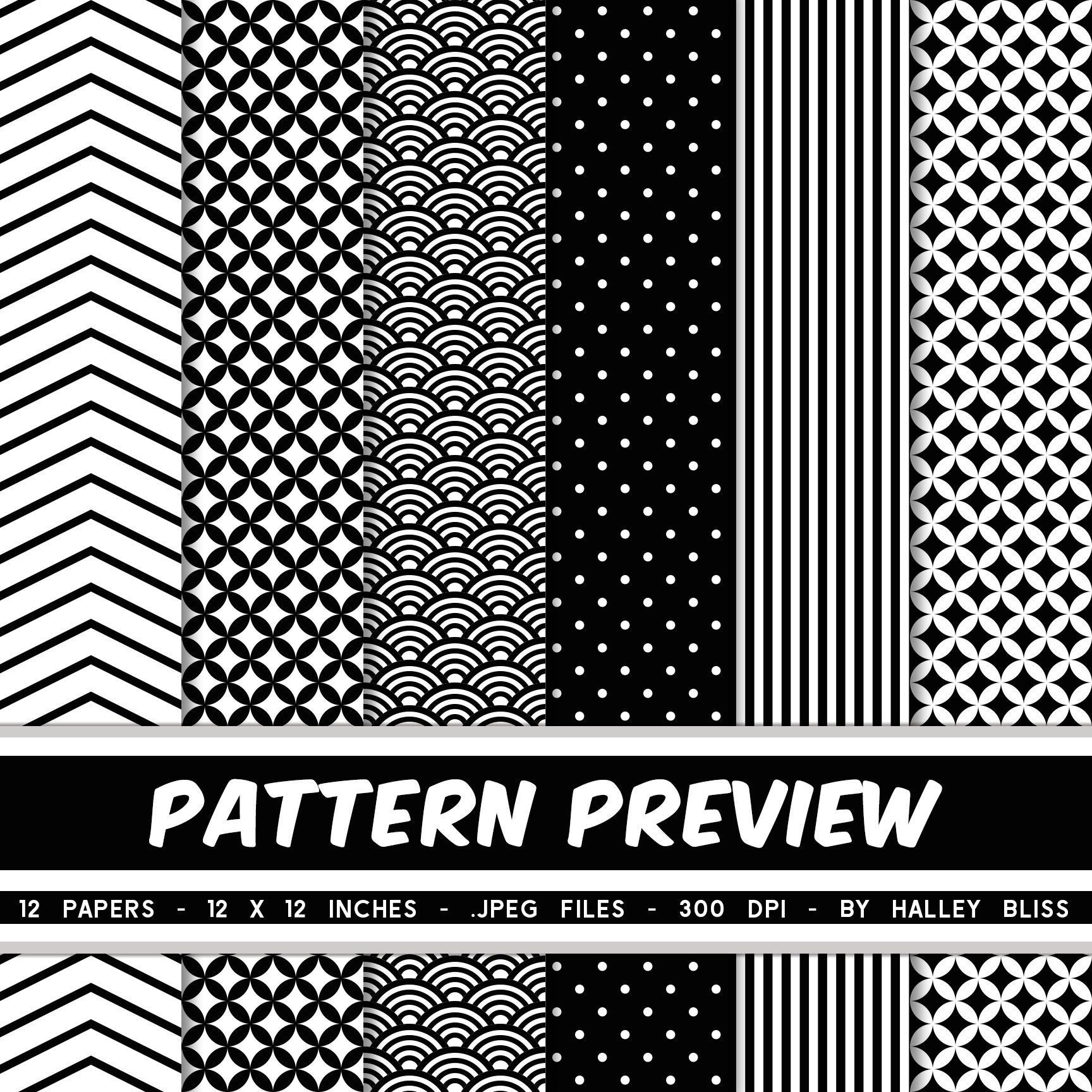 Black and White Digital Paper, Black Digital Pattern Pack, Black Stripe ...