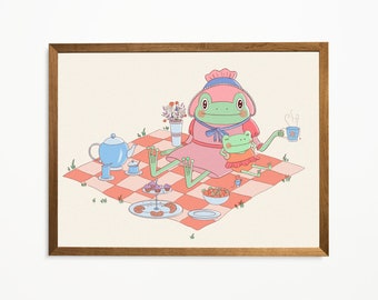 Frog Picnic Art Print: Retro Groovy Cottagecore Illustration (Digital Download)